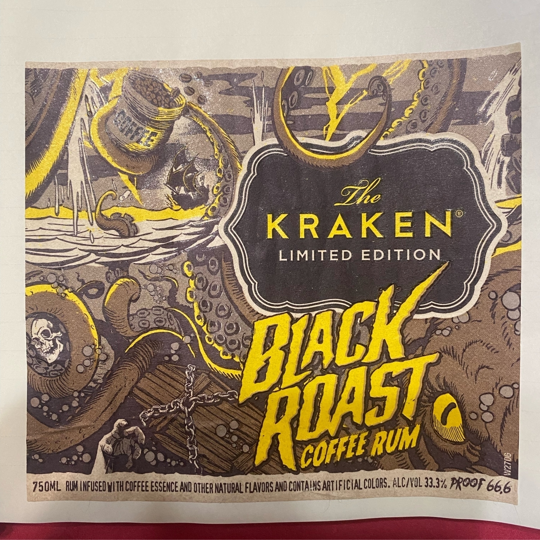 the bottle label from a bottle of Kraken Black Roast coffee rum.
